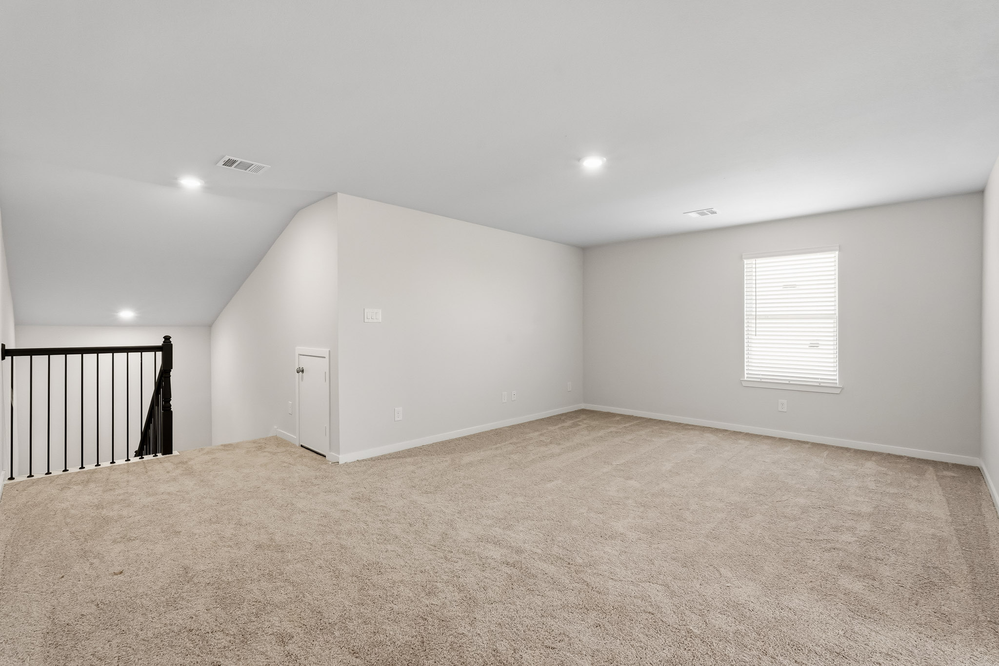 A room with a carpet and a railing.