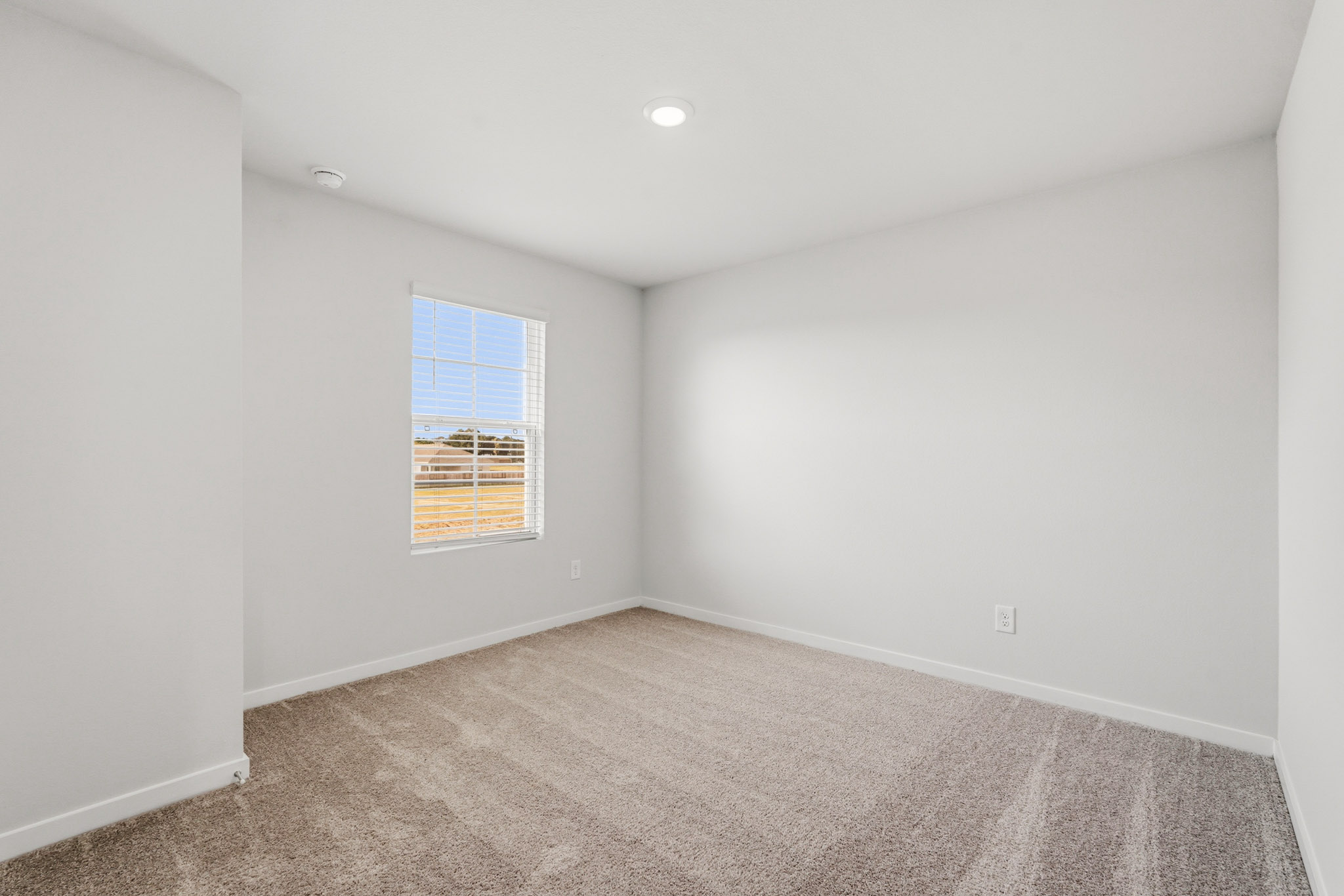 A room with a carpet and a window.