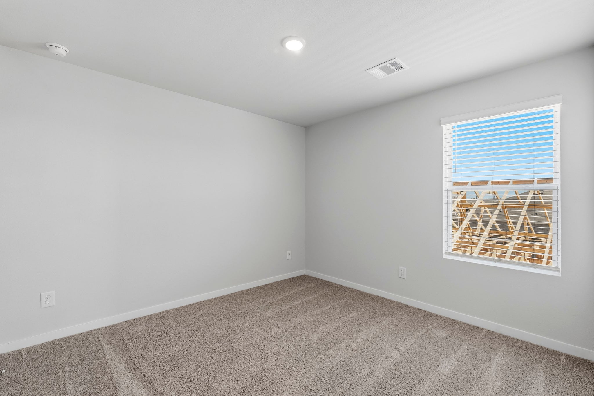 A room with a window and a rug.
