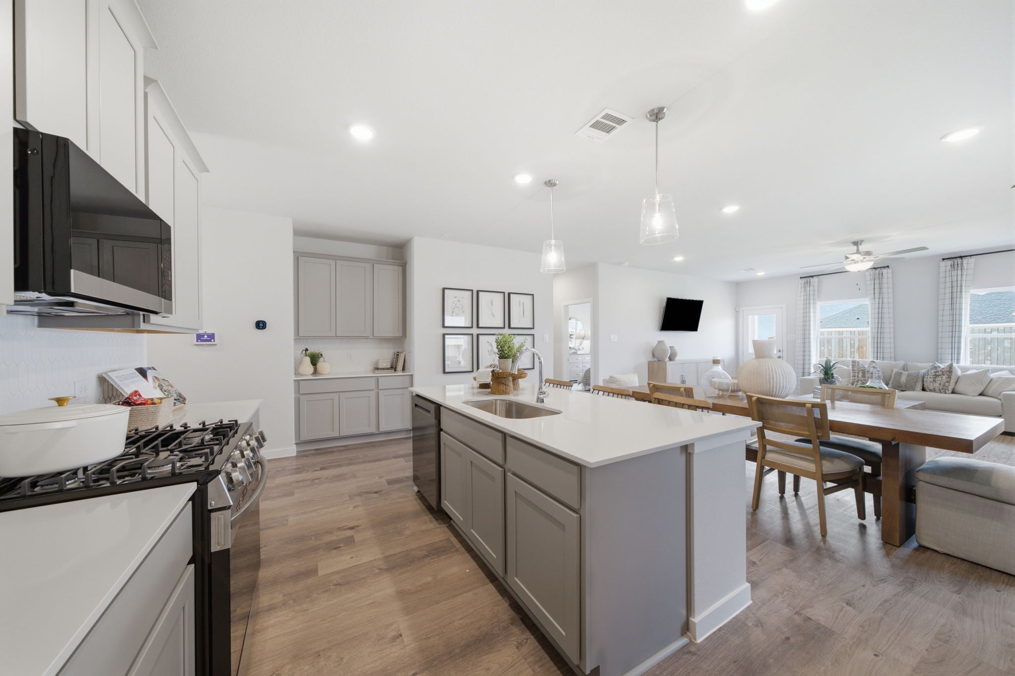 A kitchen with a large island.