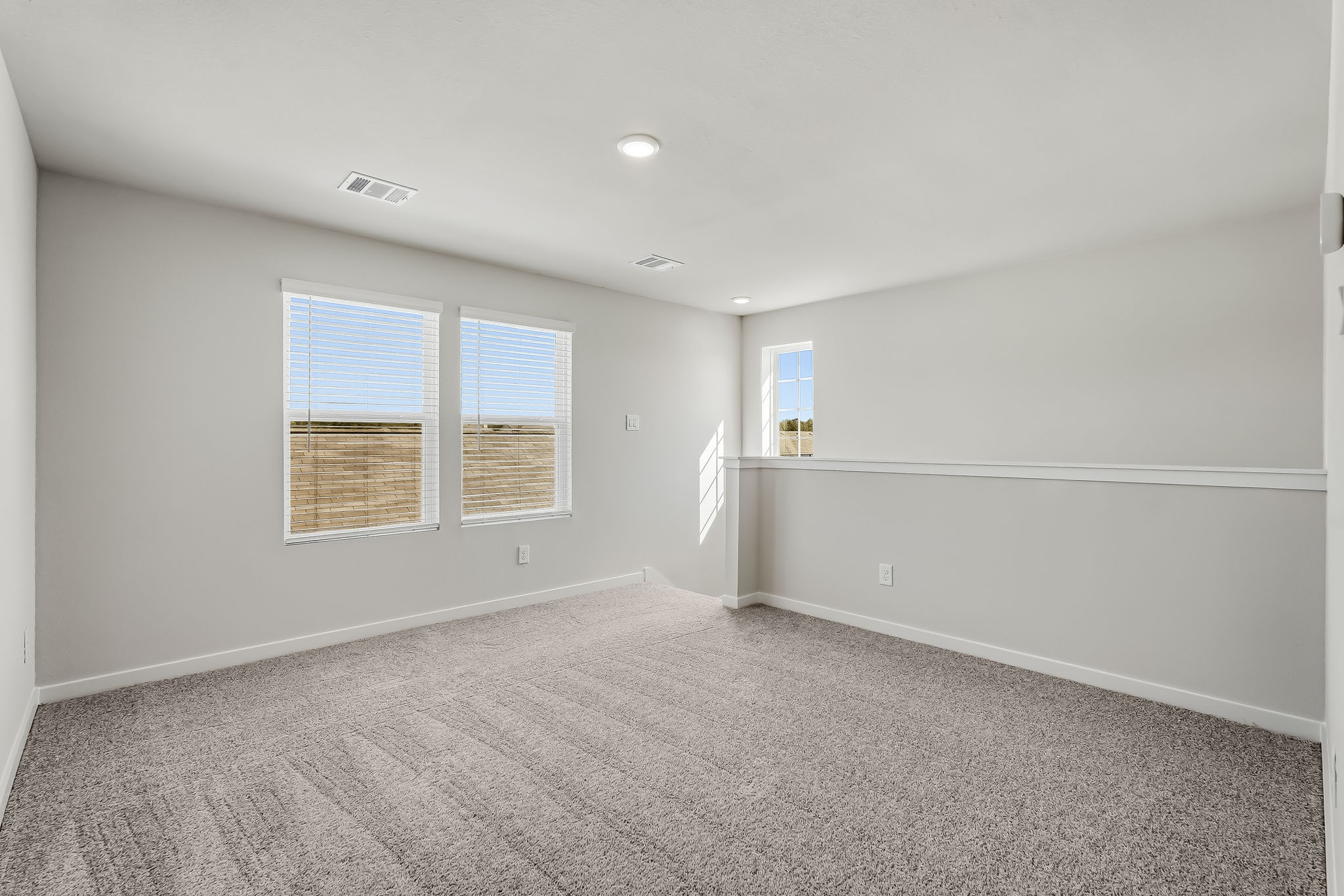 A room with a carpet and windows.