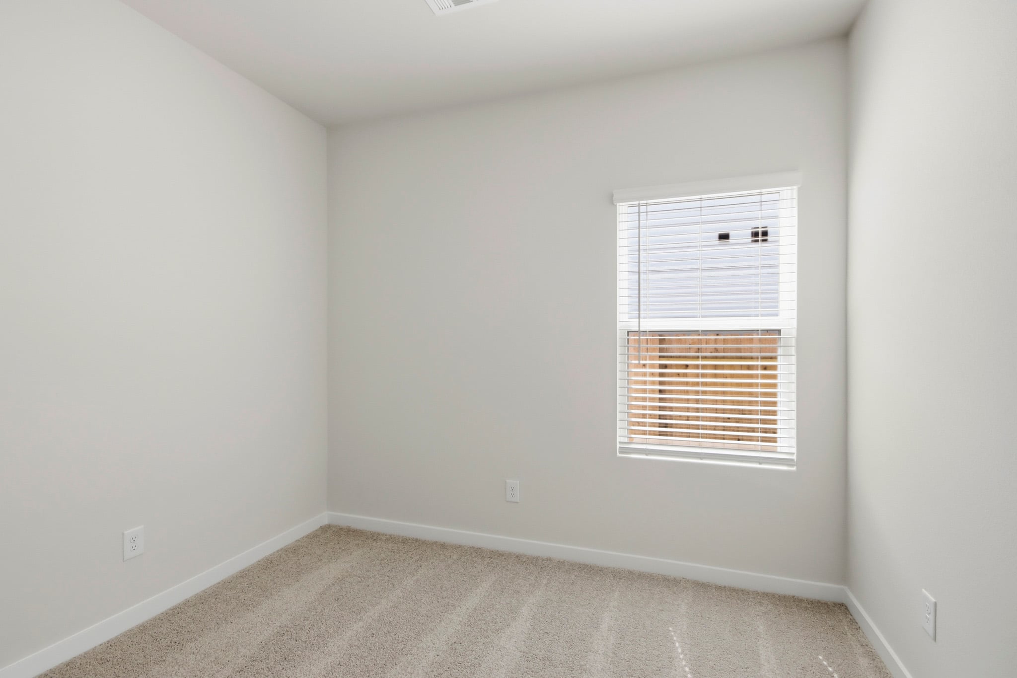 A room with a window and a rug.
