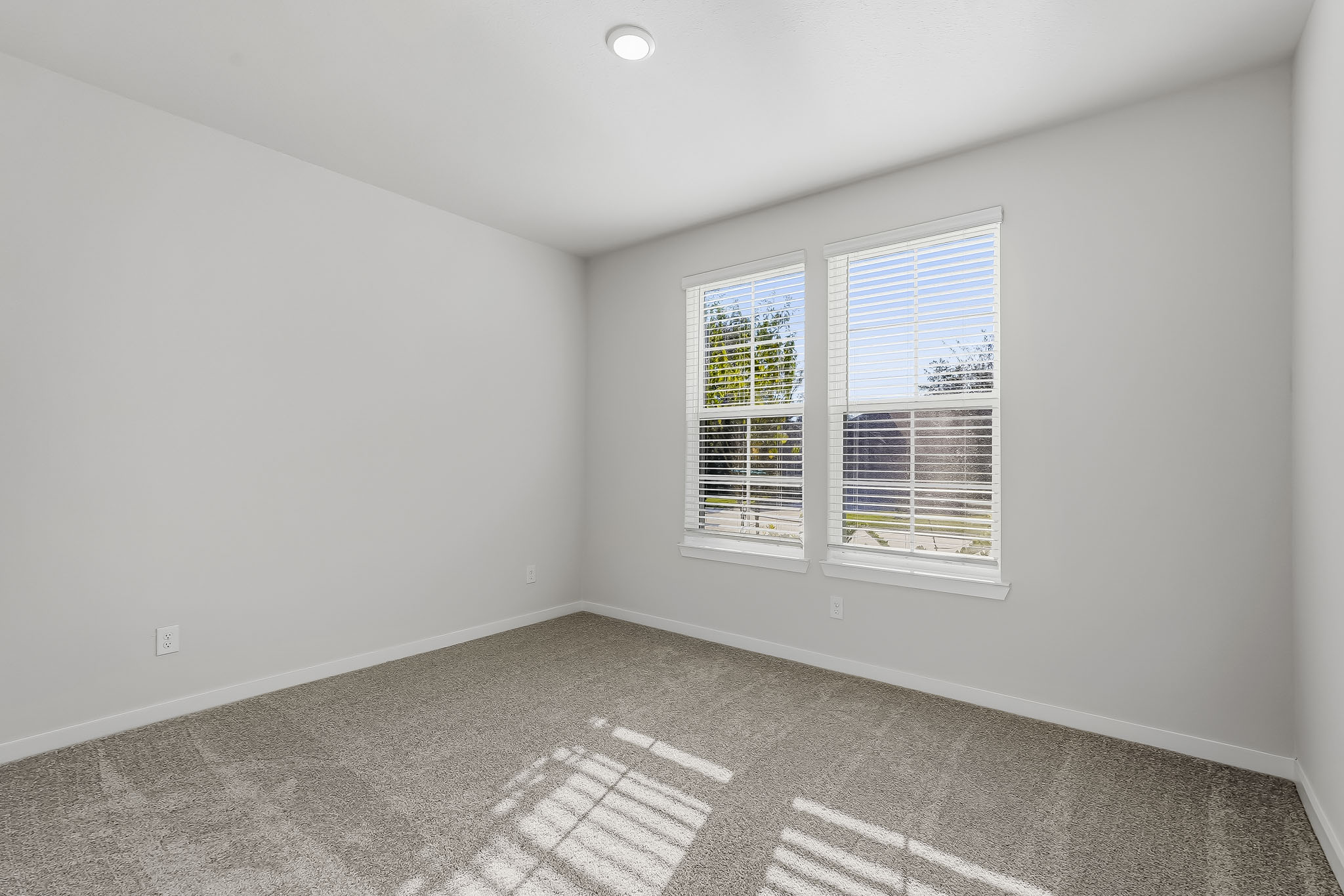 A room with a window and a rug.