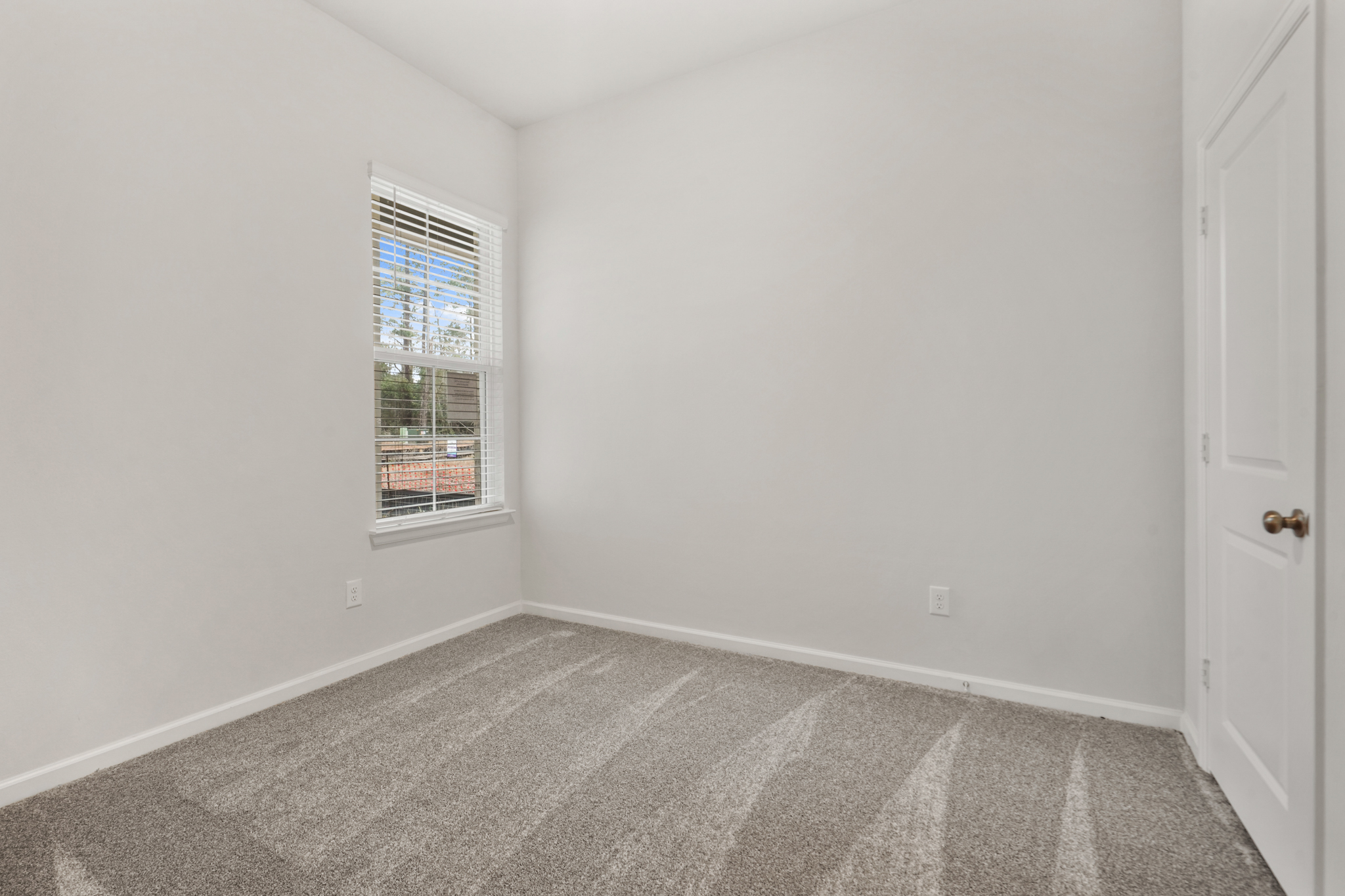 A room with a window and a rug.