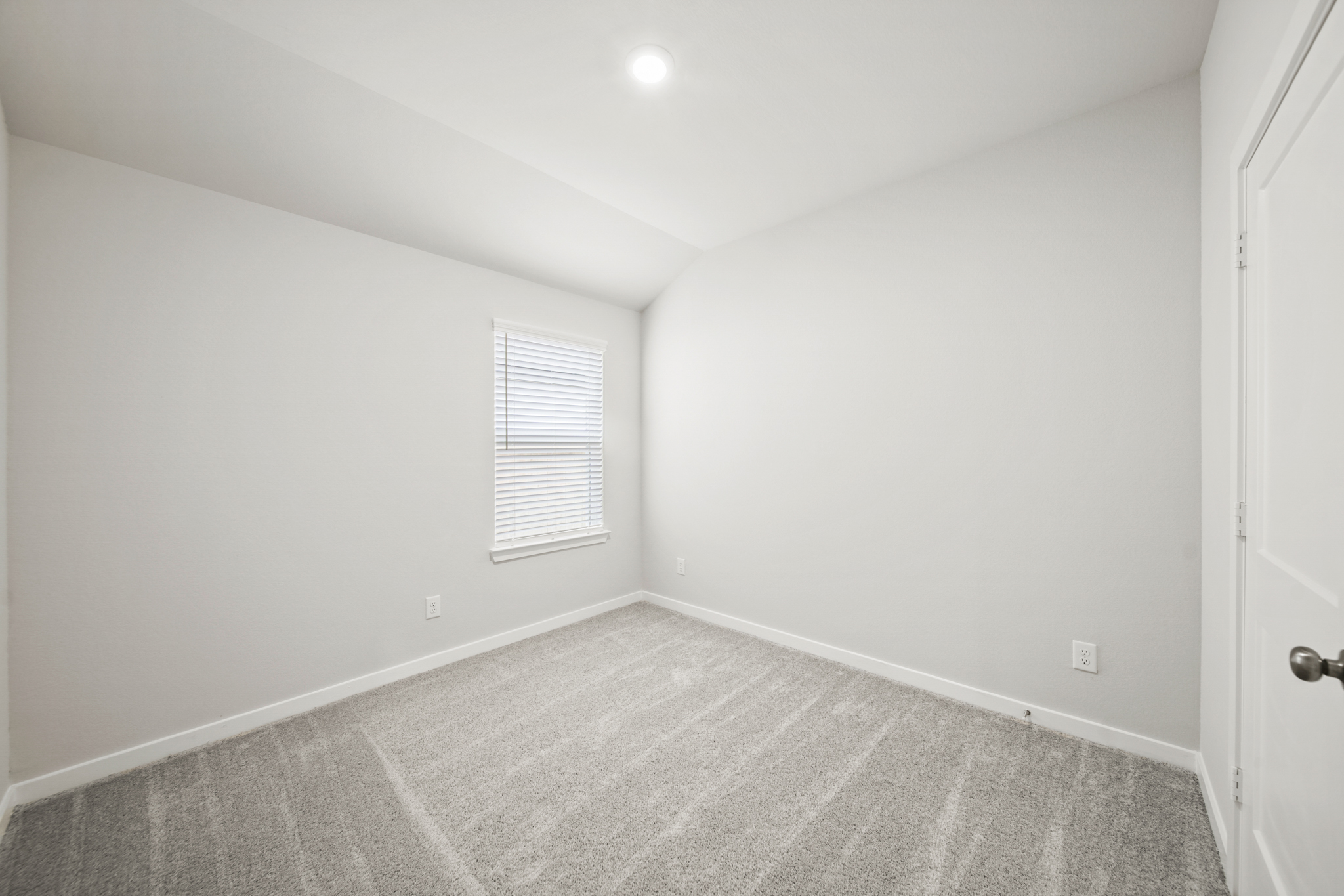 A room with a carpet and a door.