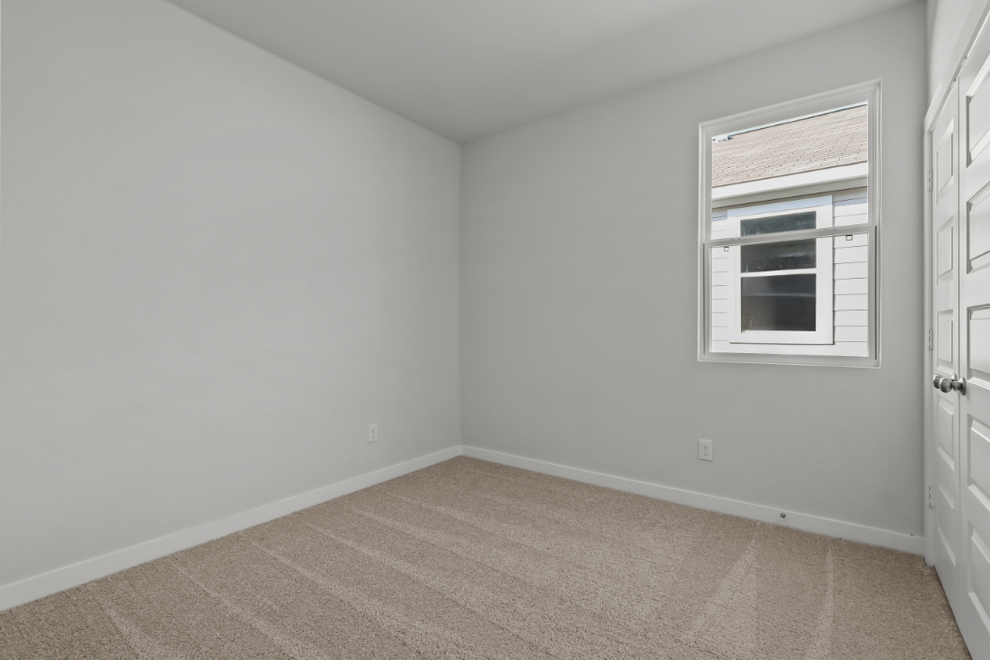 A room with a window and a rug.
