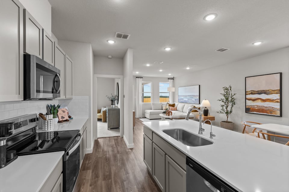 A kitchen with a large island.
