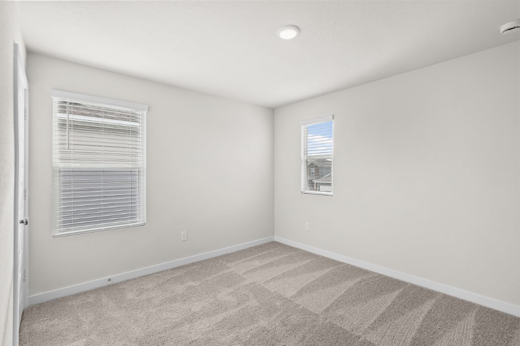 A room with a window and a rug.