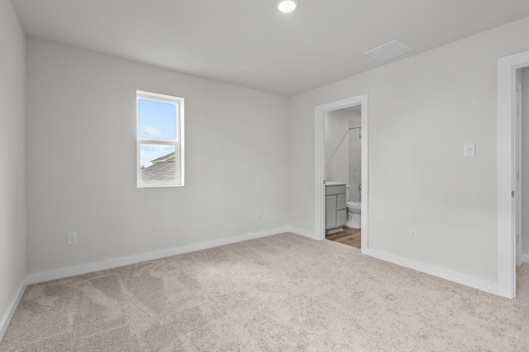 A room with a carpet and a window.