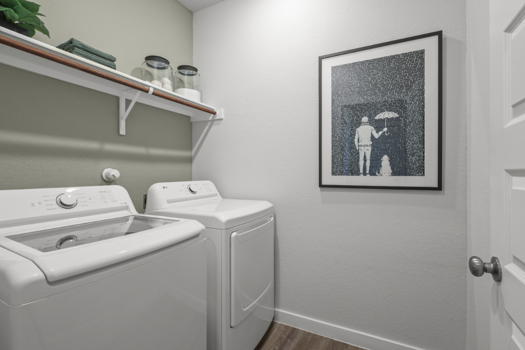 A washing machine and a picture on a wall.