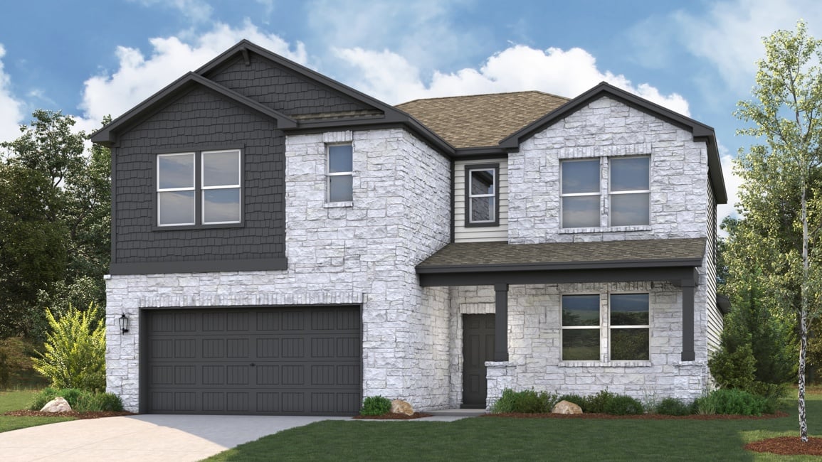 A grey house with a garage.