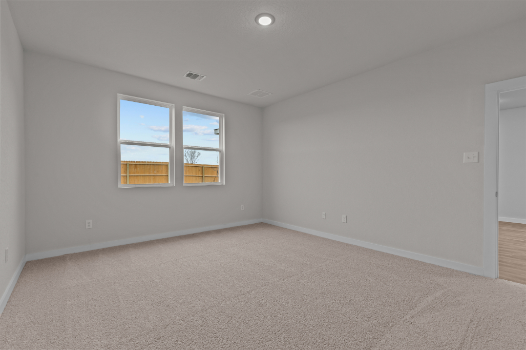 A room with a carpet and windows.