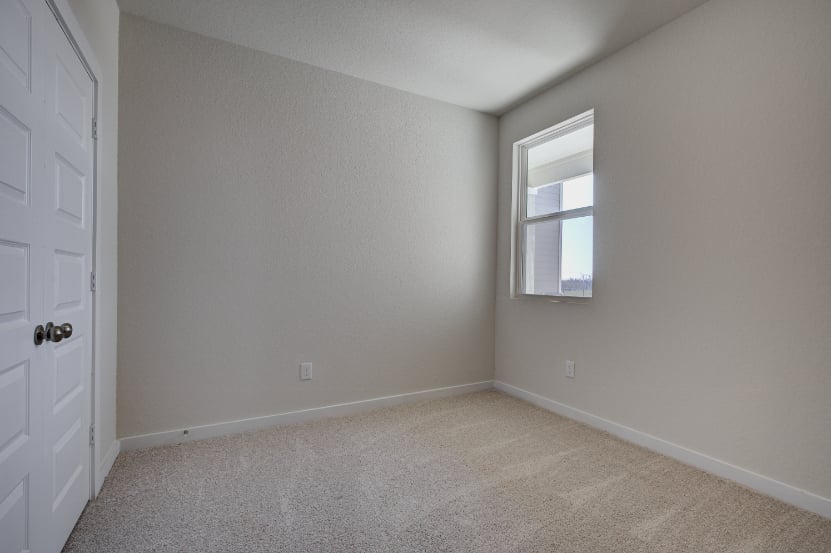 A room with a window and a carpet.