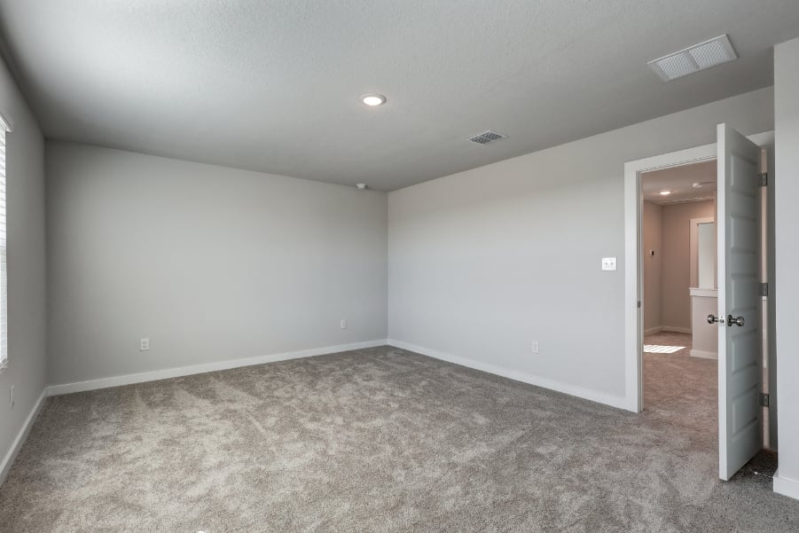 A room with a carpet and a door.