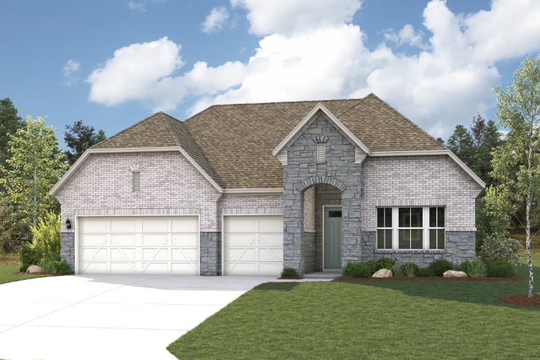 A house with a garage and a lawn.