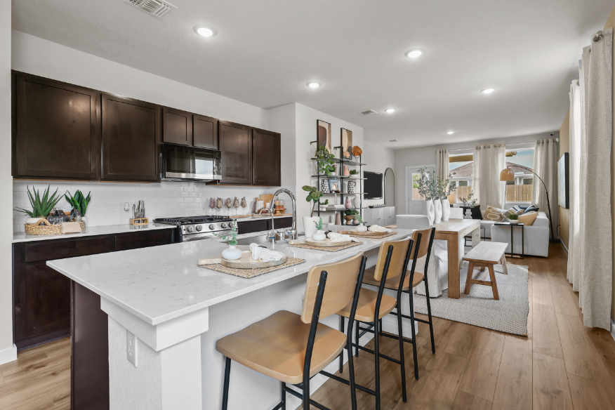 A kitchen with a large island.