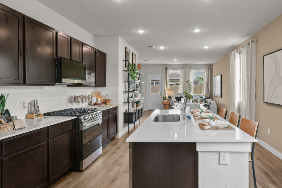 A kitchen with a large island.