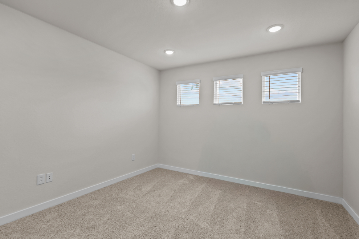 A room with a carpet and windows.
