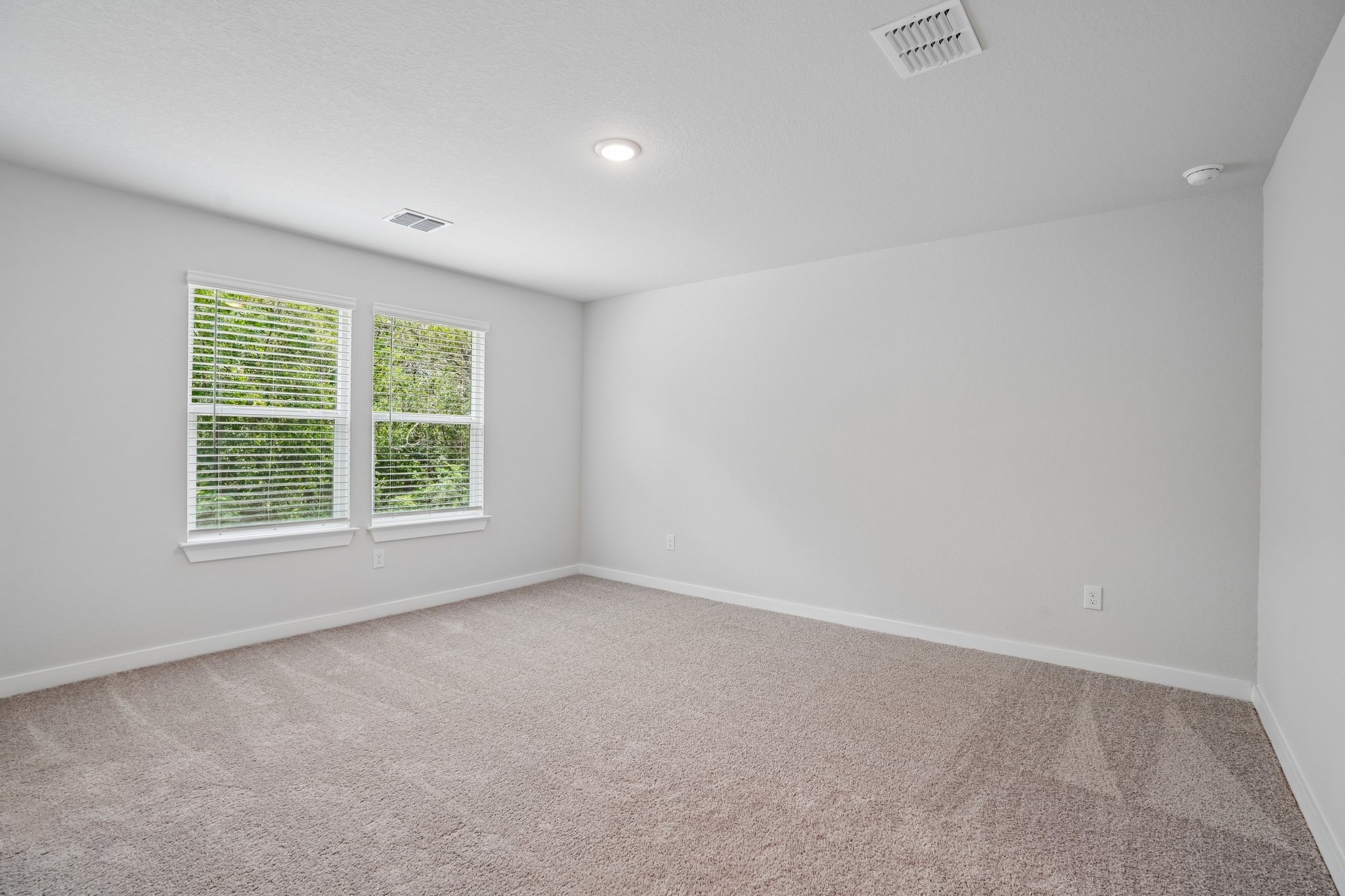 A room with a carpet and windows.