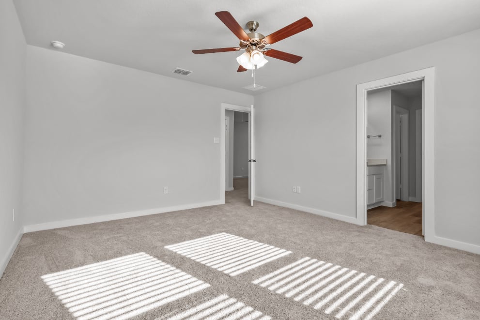 A room with a ceiling fan and a rug.