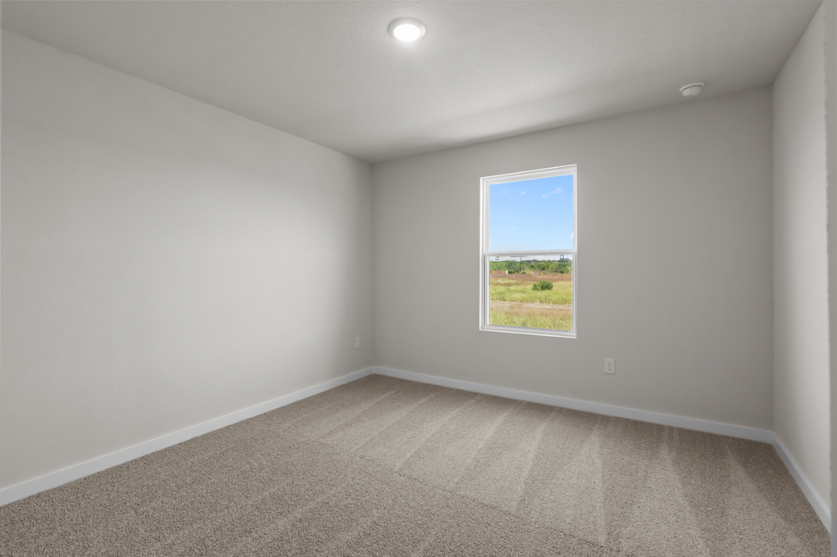 A room with a window and a carpet.