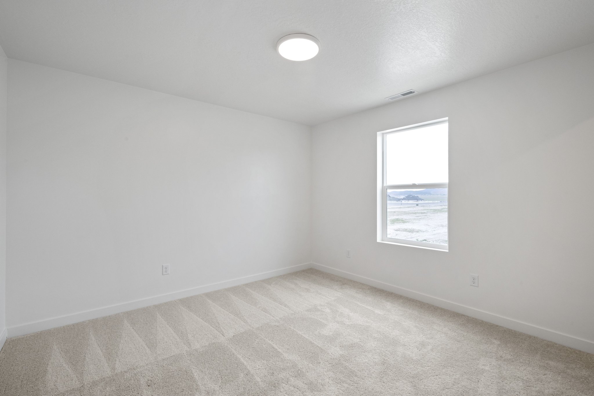 A room with a window and a carpet.