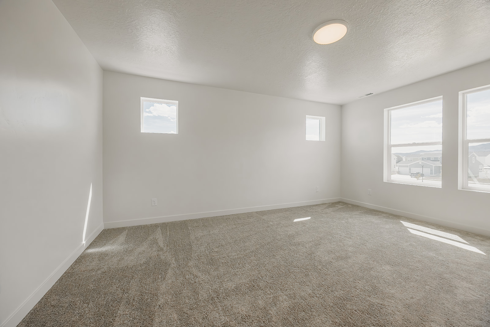 A room with a carpet and a wall with pictures on it.
