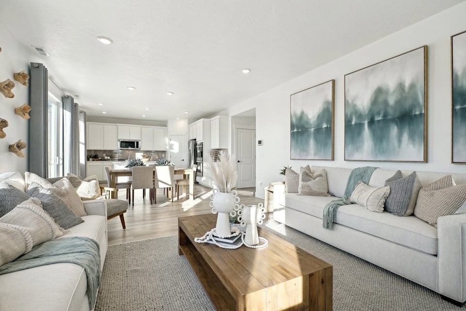 A living room with a couch and a coffee table.