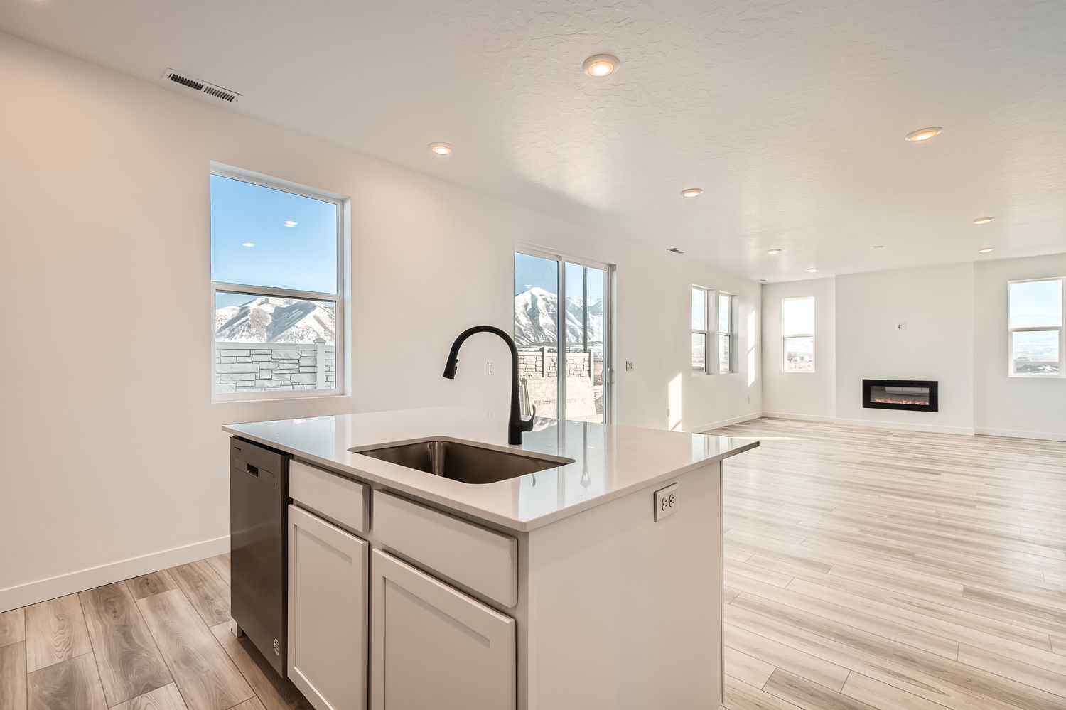 A kitchen with a large island.