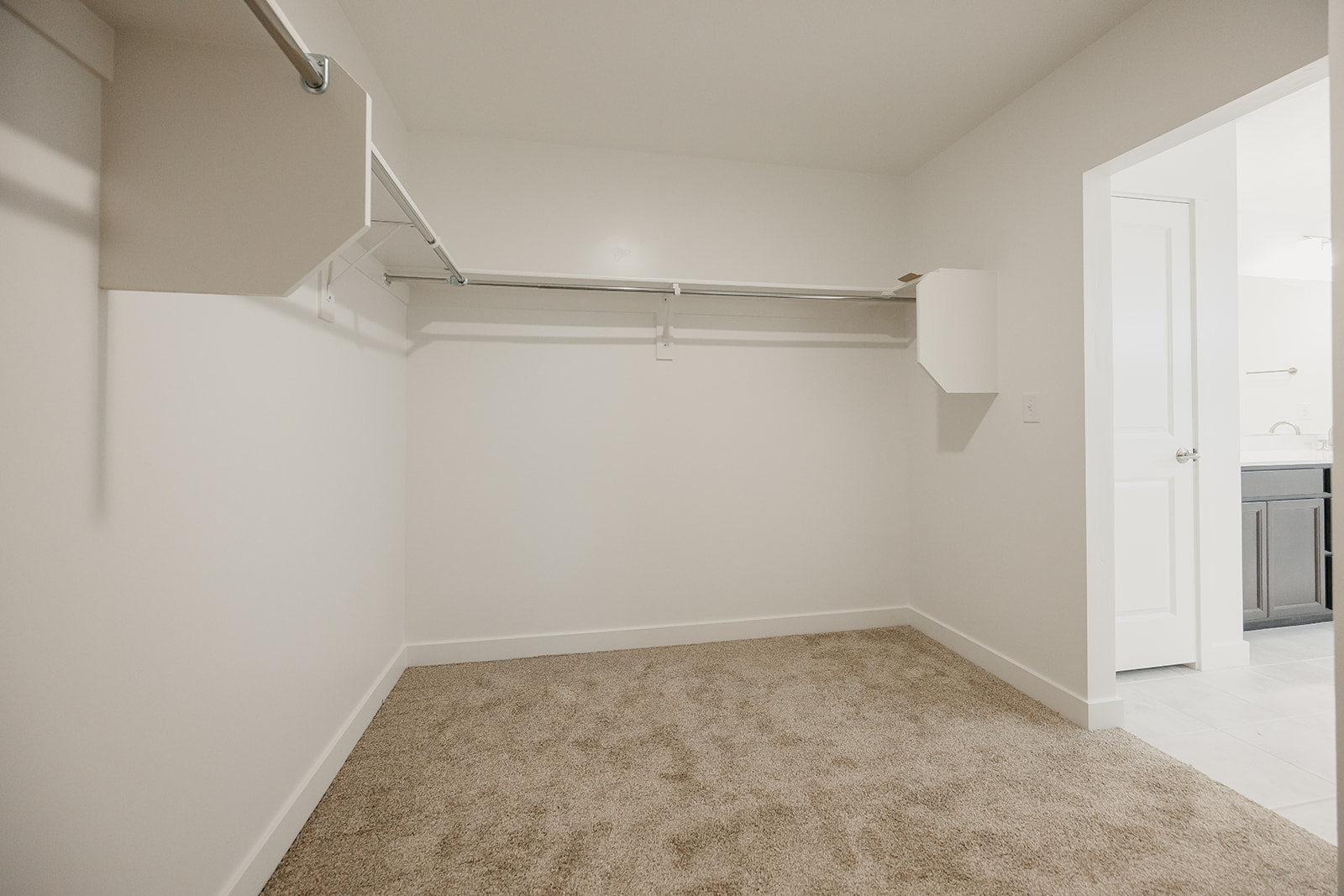 A room with a carpet and a door.