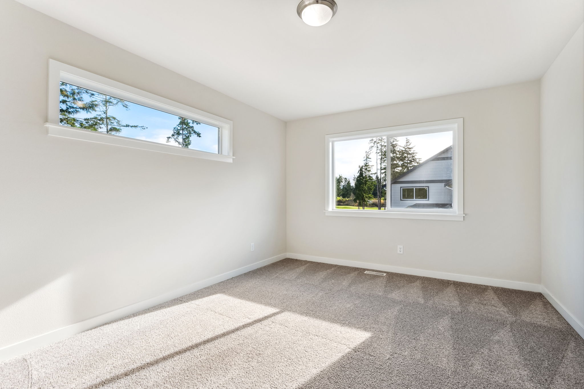 A room with a window and a rug.