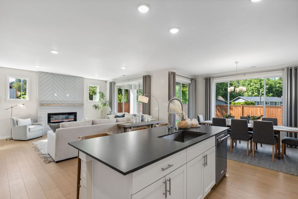 A kitchen with a large island.