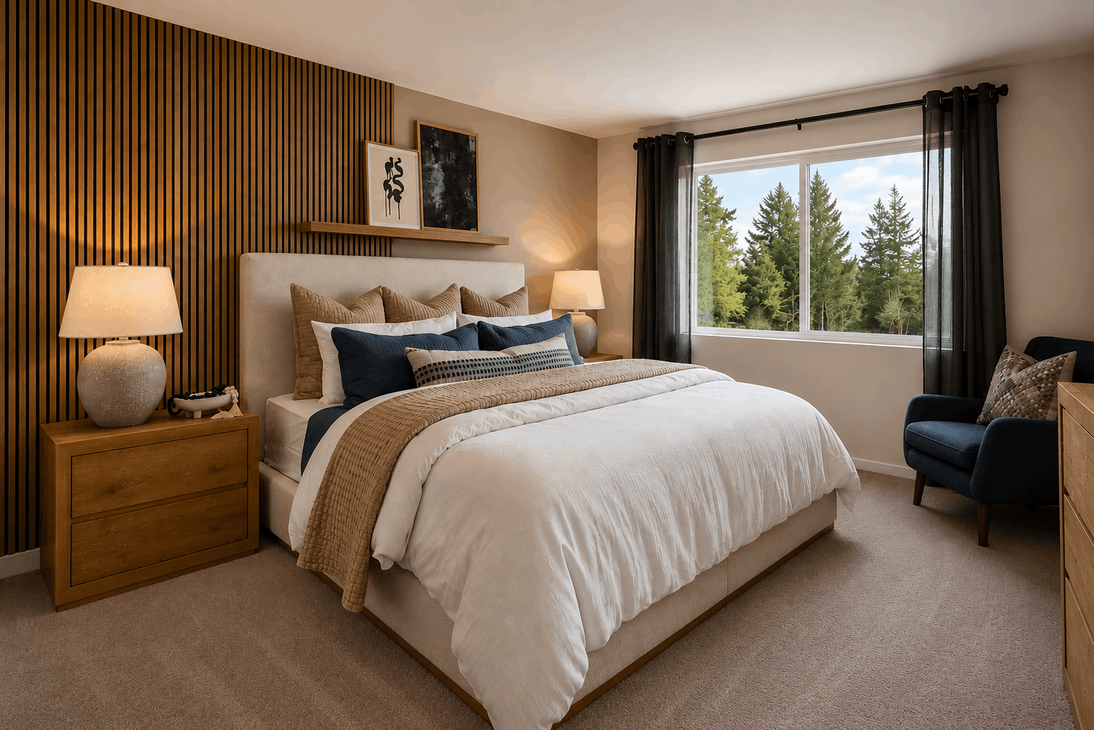 A bedroom with a large bed.