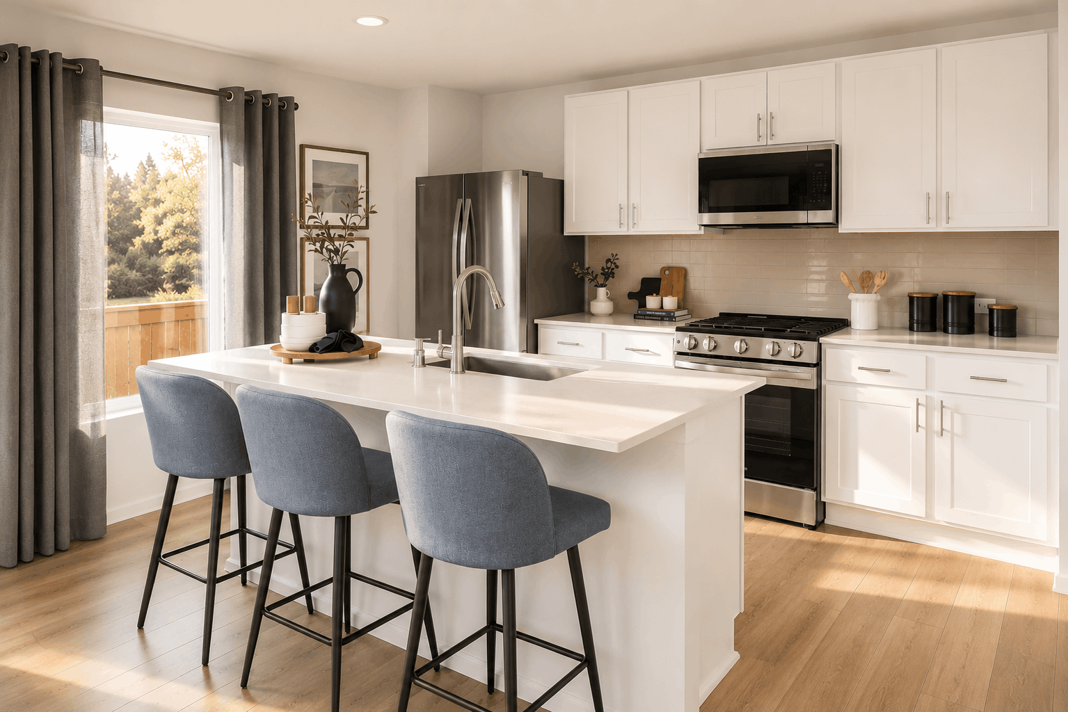 A kitchen with a table and chairs.