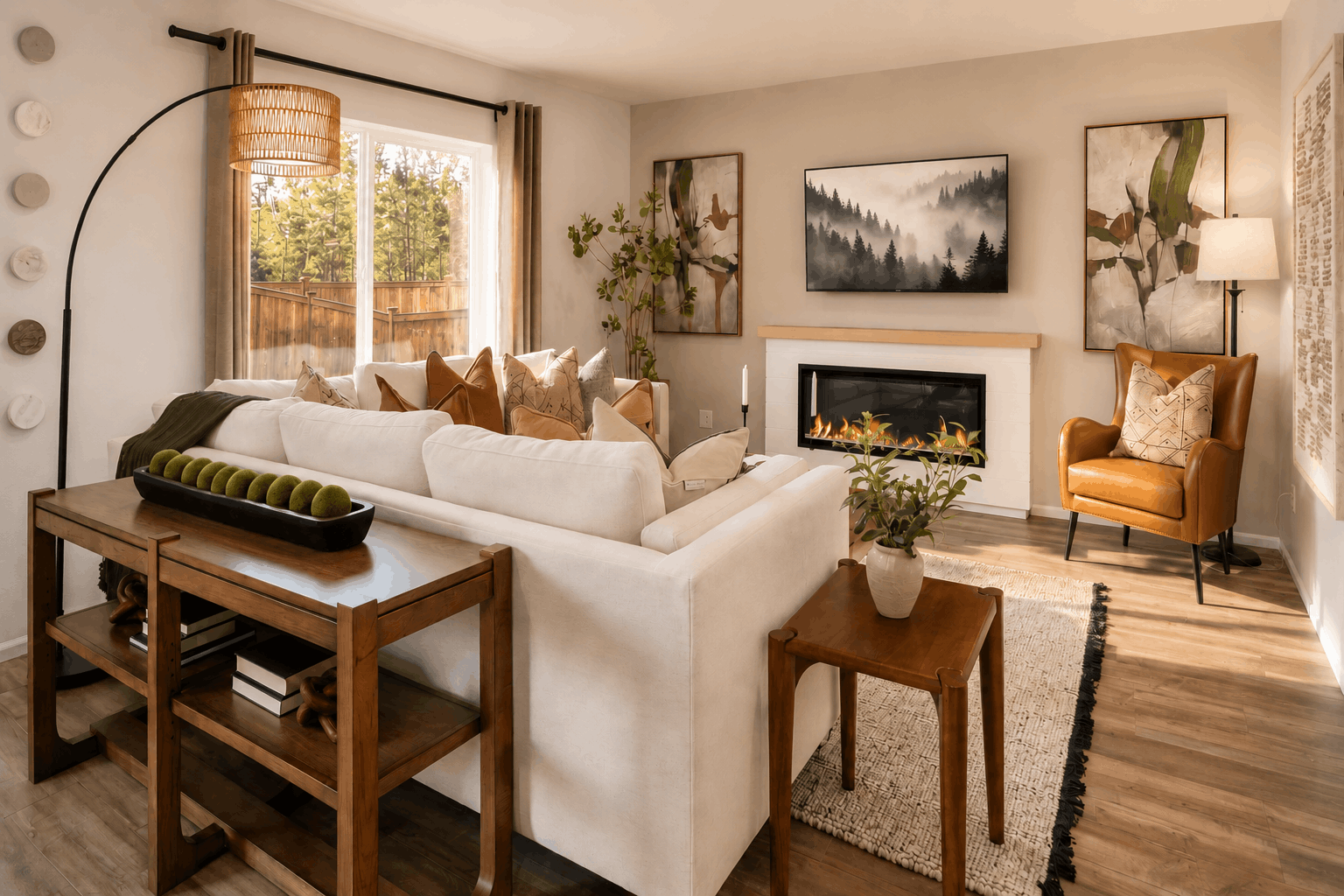 A living room with a fireplace.