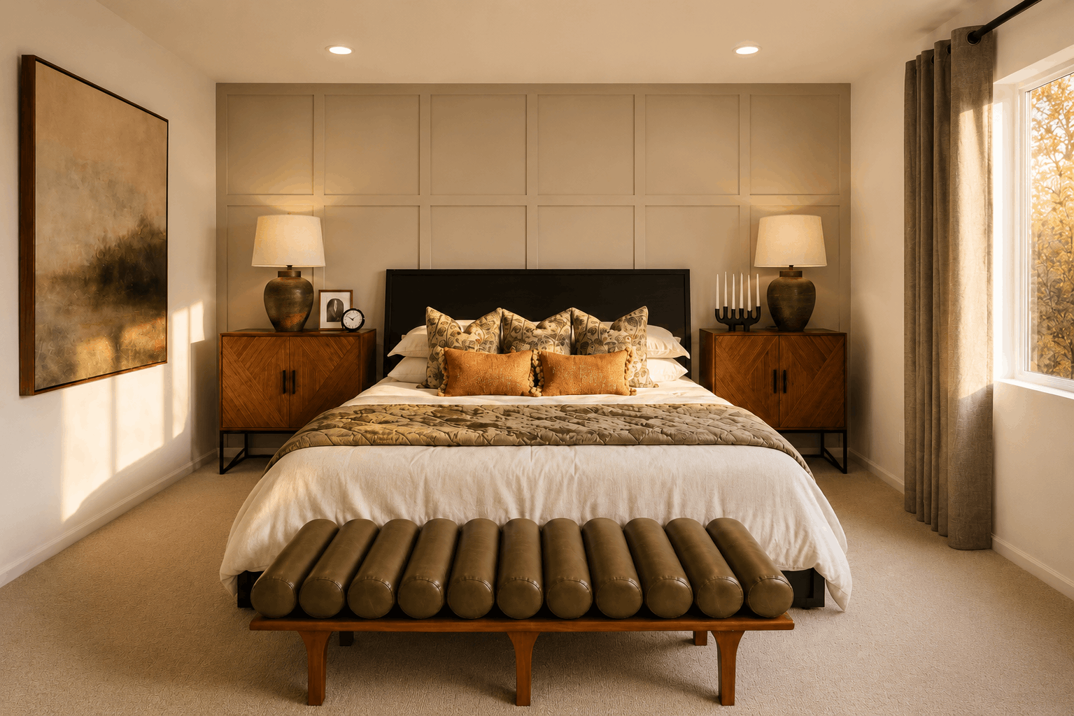 A bed with a large headboard.