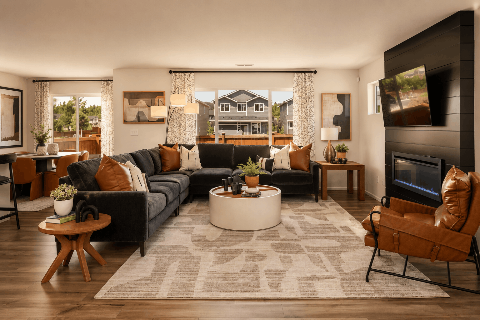 A living room with a large window.