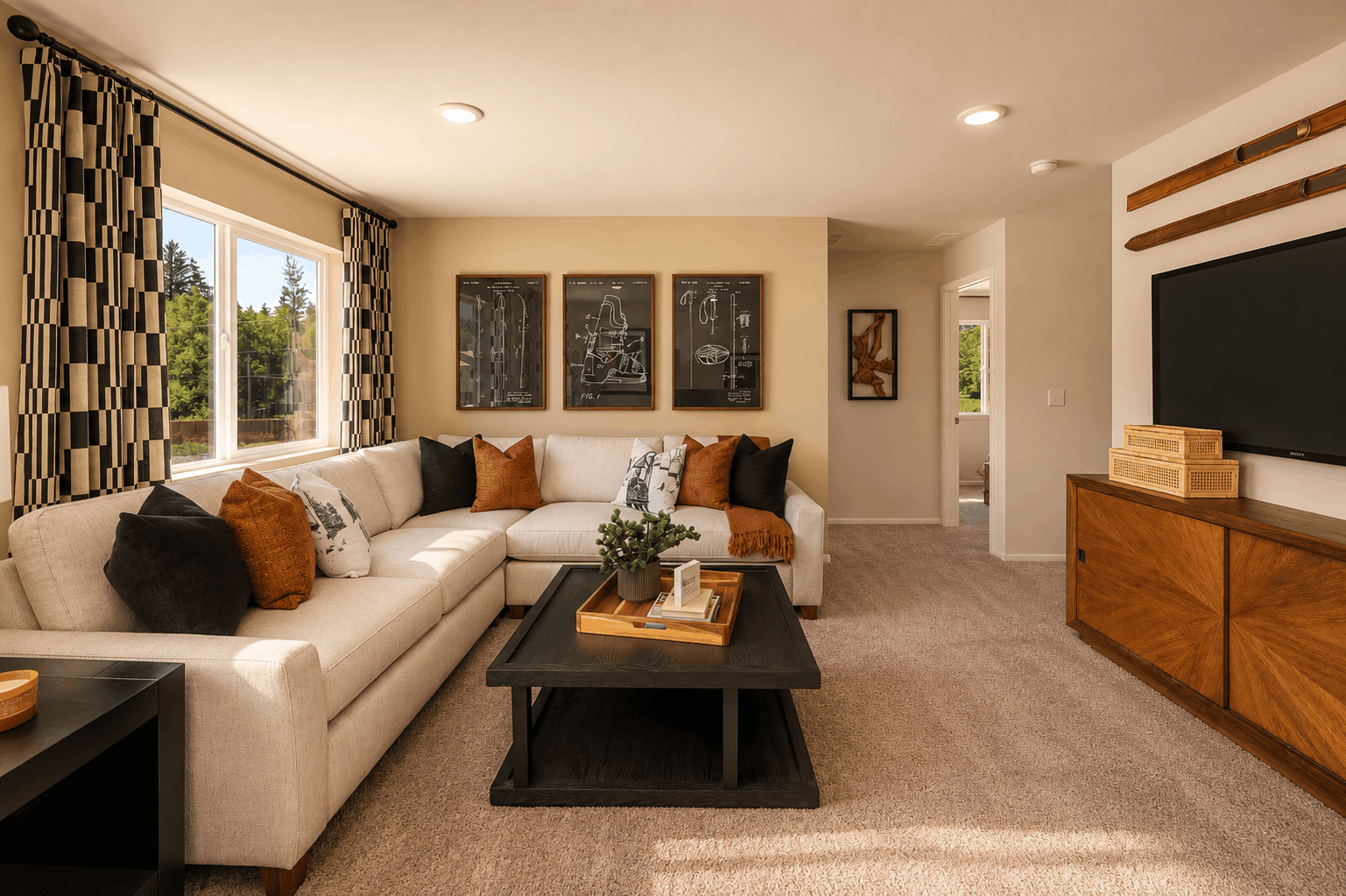 A living room with a couch and coffee table.