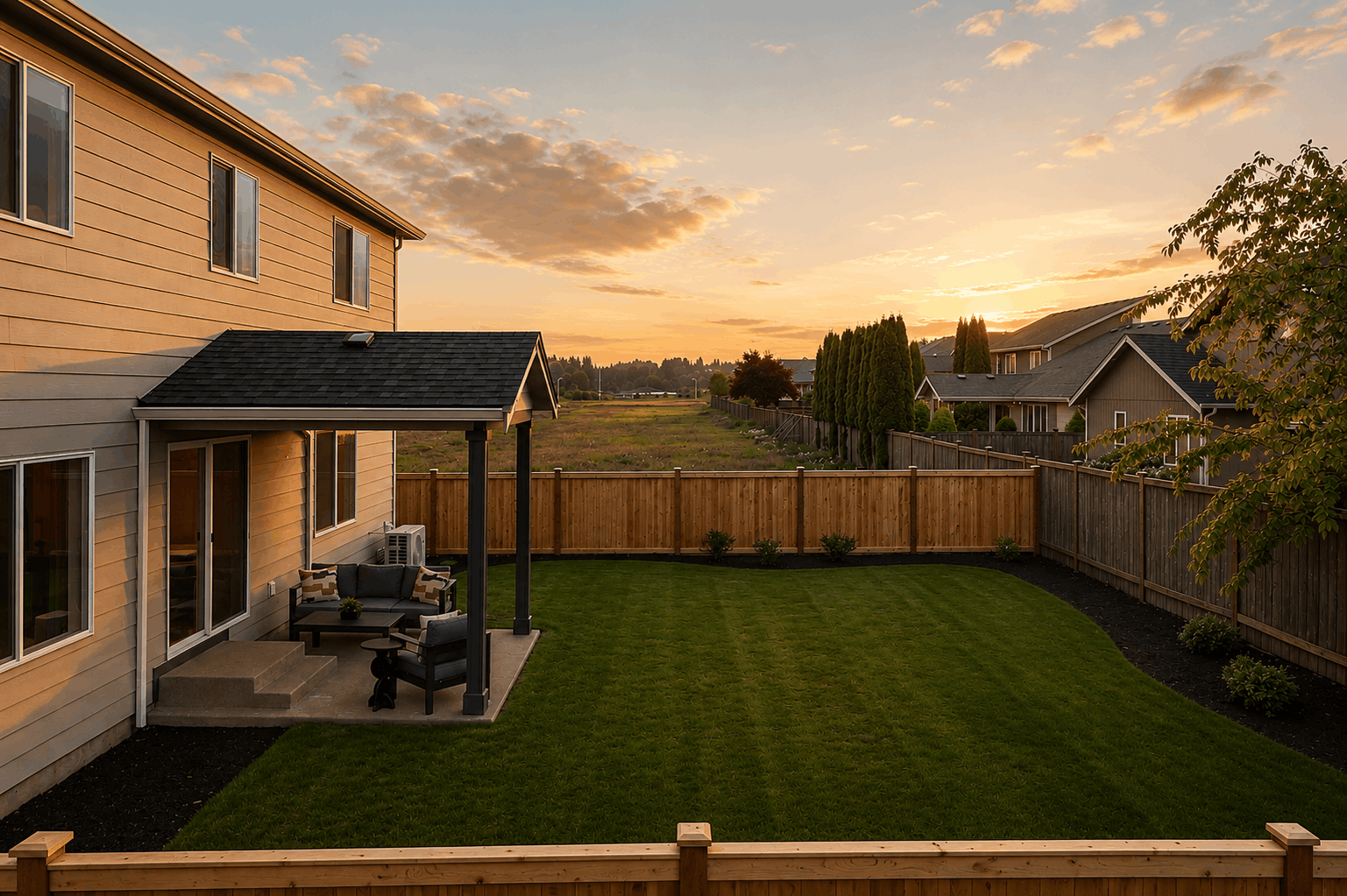A backyard with a fence and a lawn.