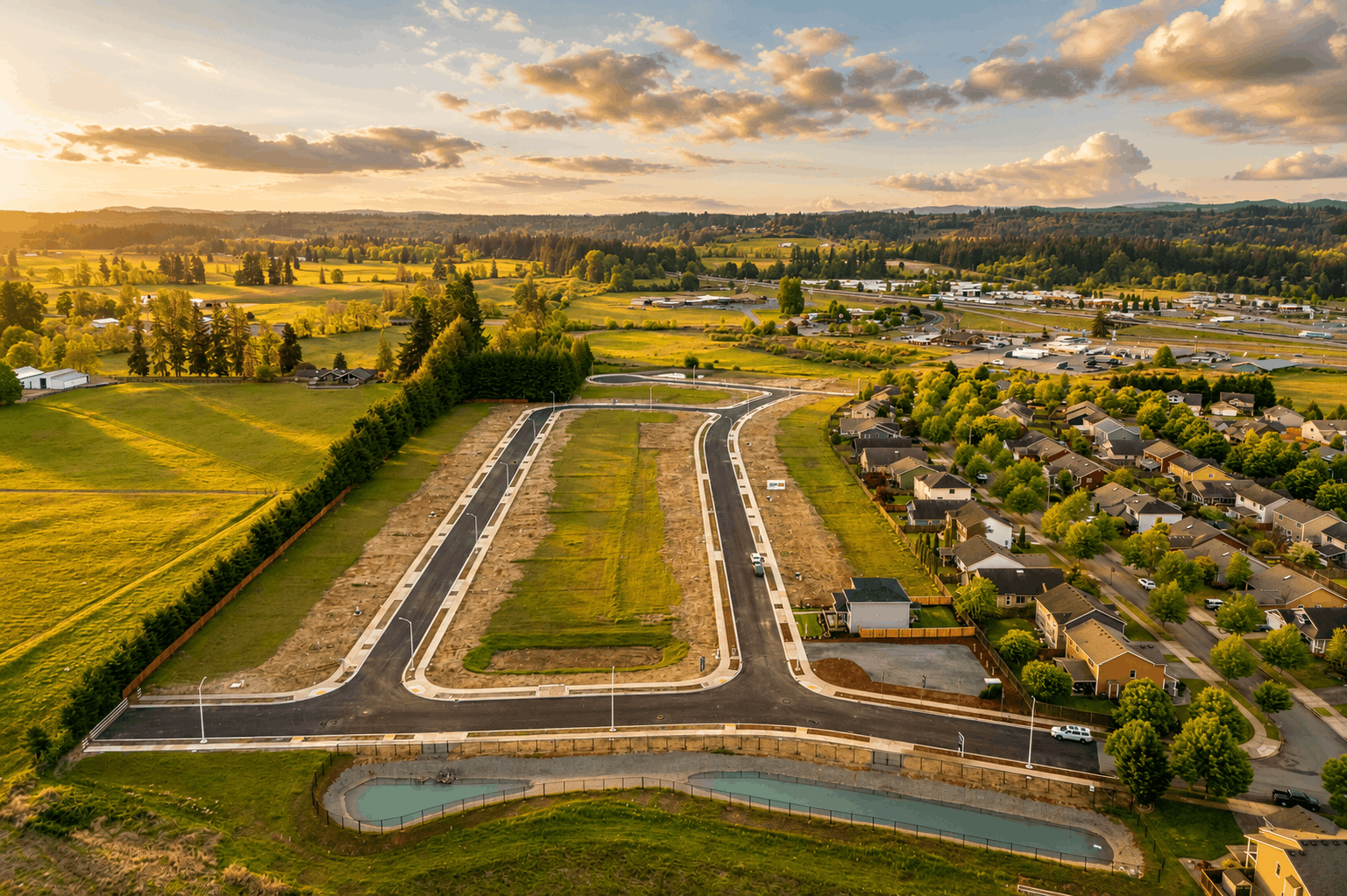 A road with a river and fields.