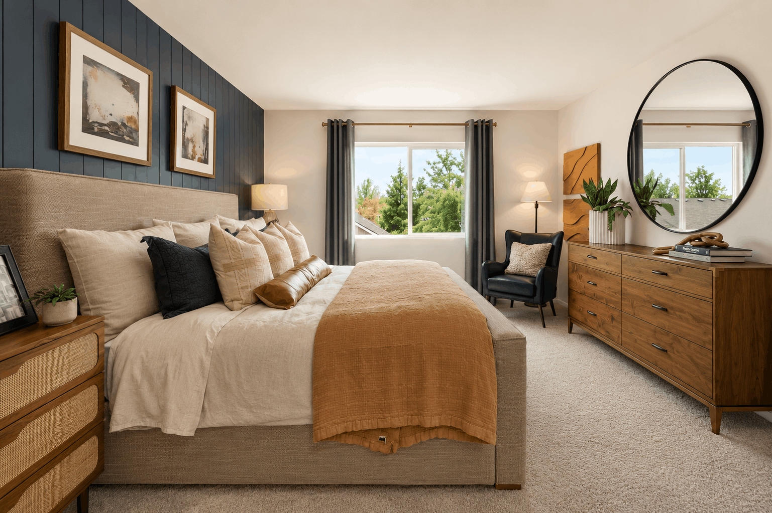 A bedroom with a large bed.