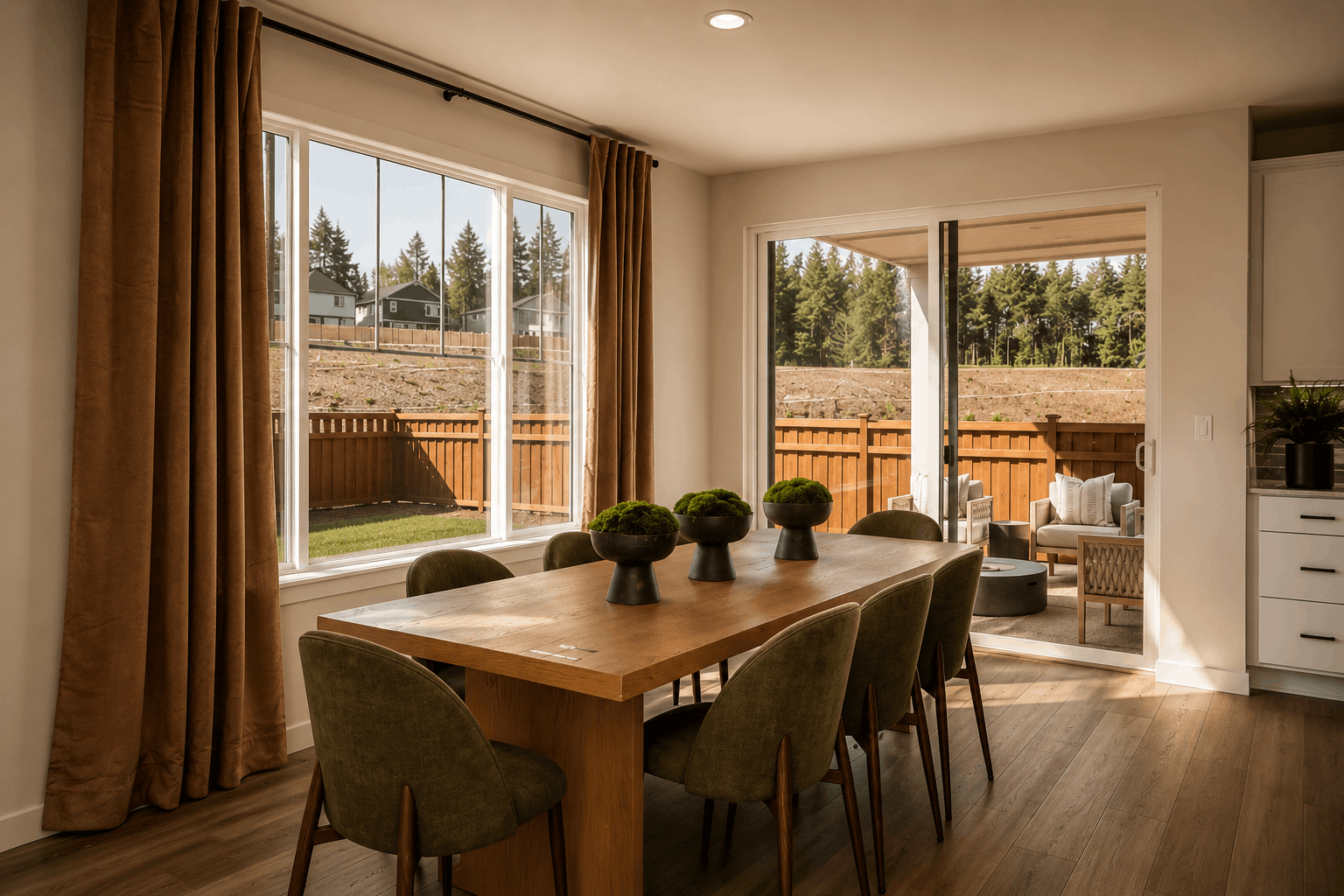 A dining room table with chairs and a large window.