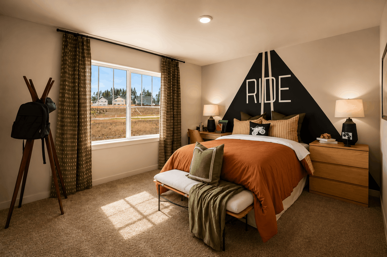 A bedroom with a large window.