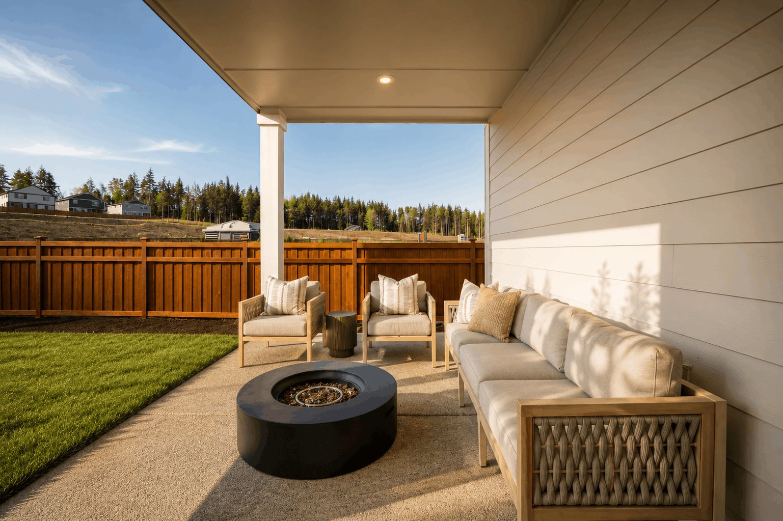 A patio with a grill and chairs.