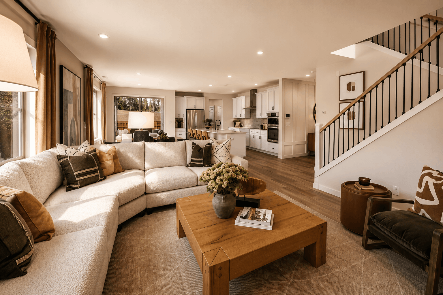 A living room with a staircase.