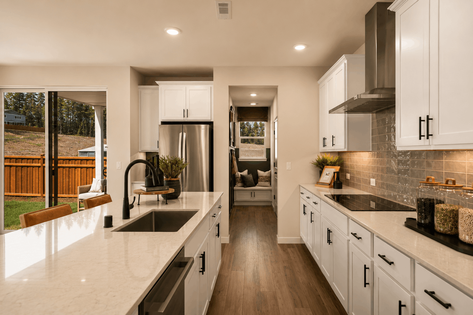 A kitchen with white cabinets.