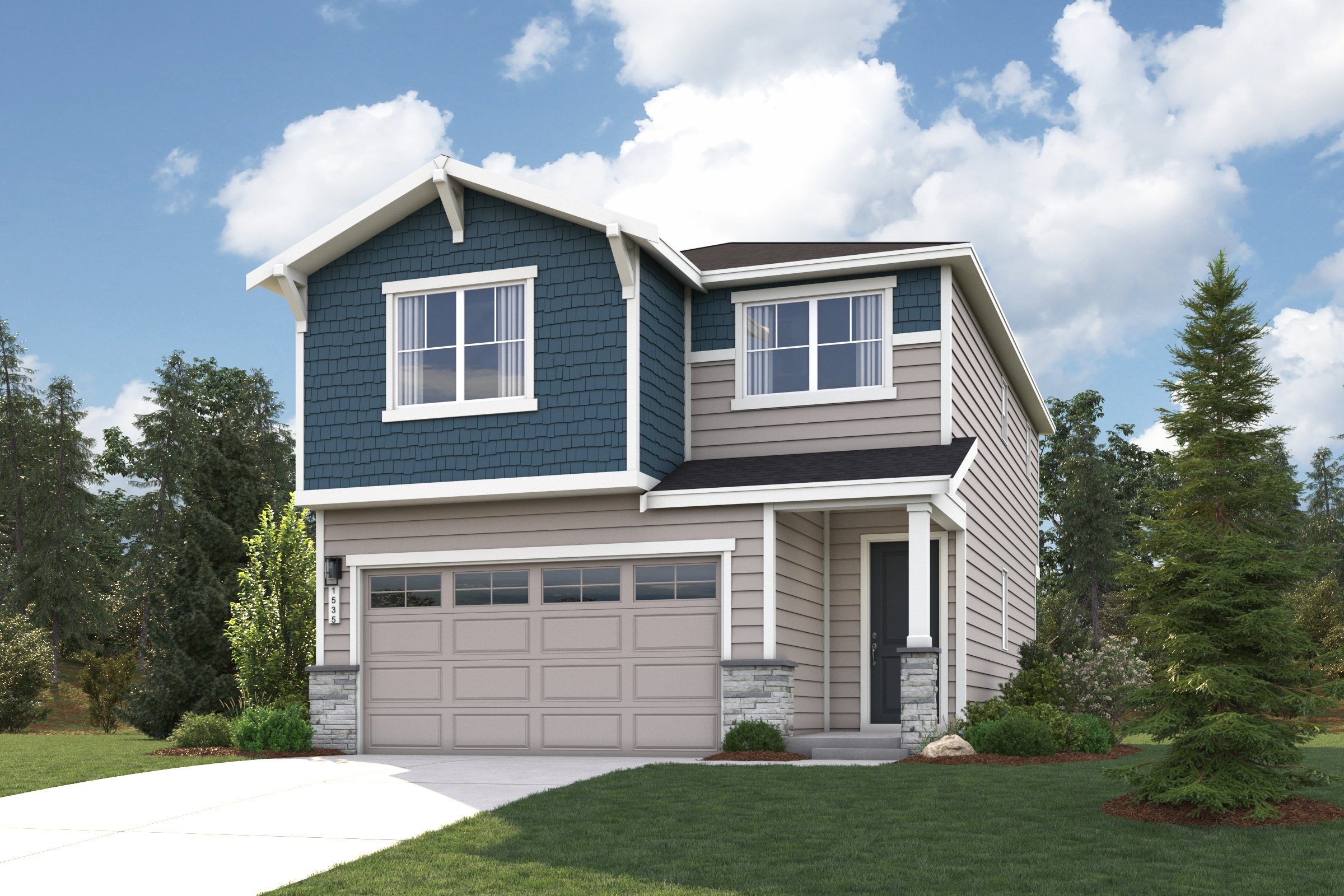 A house with a garage and trees.
