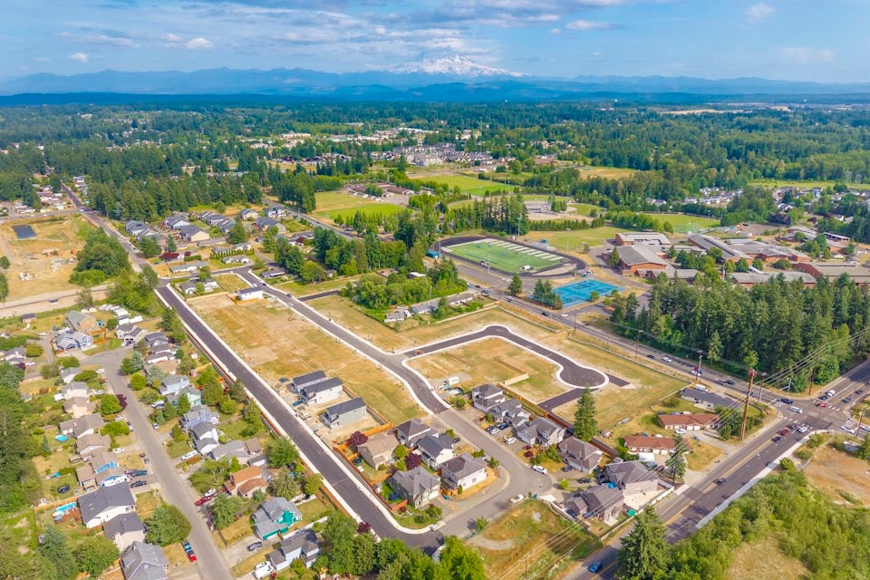 An aerial view of a city.