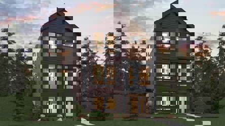 A house with a lawn and trees in the front.