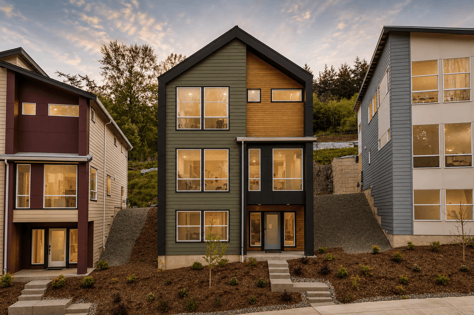 A couple of buildings with windows.